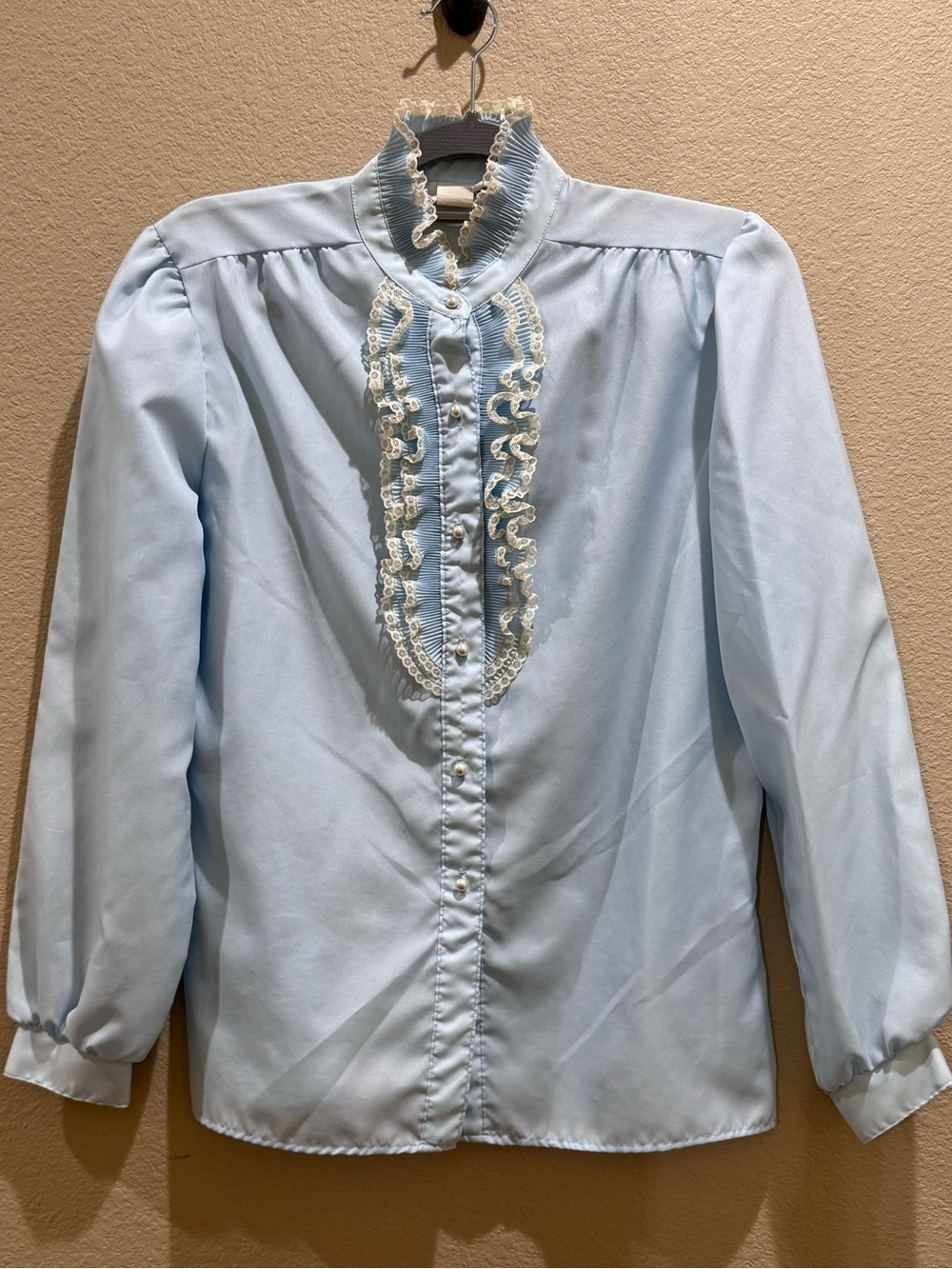 Vintage Laura Mae Blue Victorian Lace Ruffle Blouse Pearl Buttons